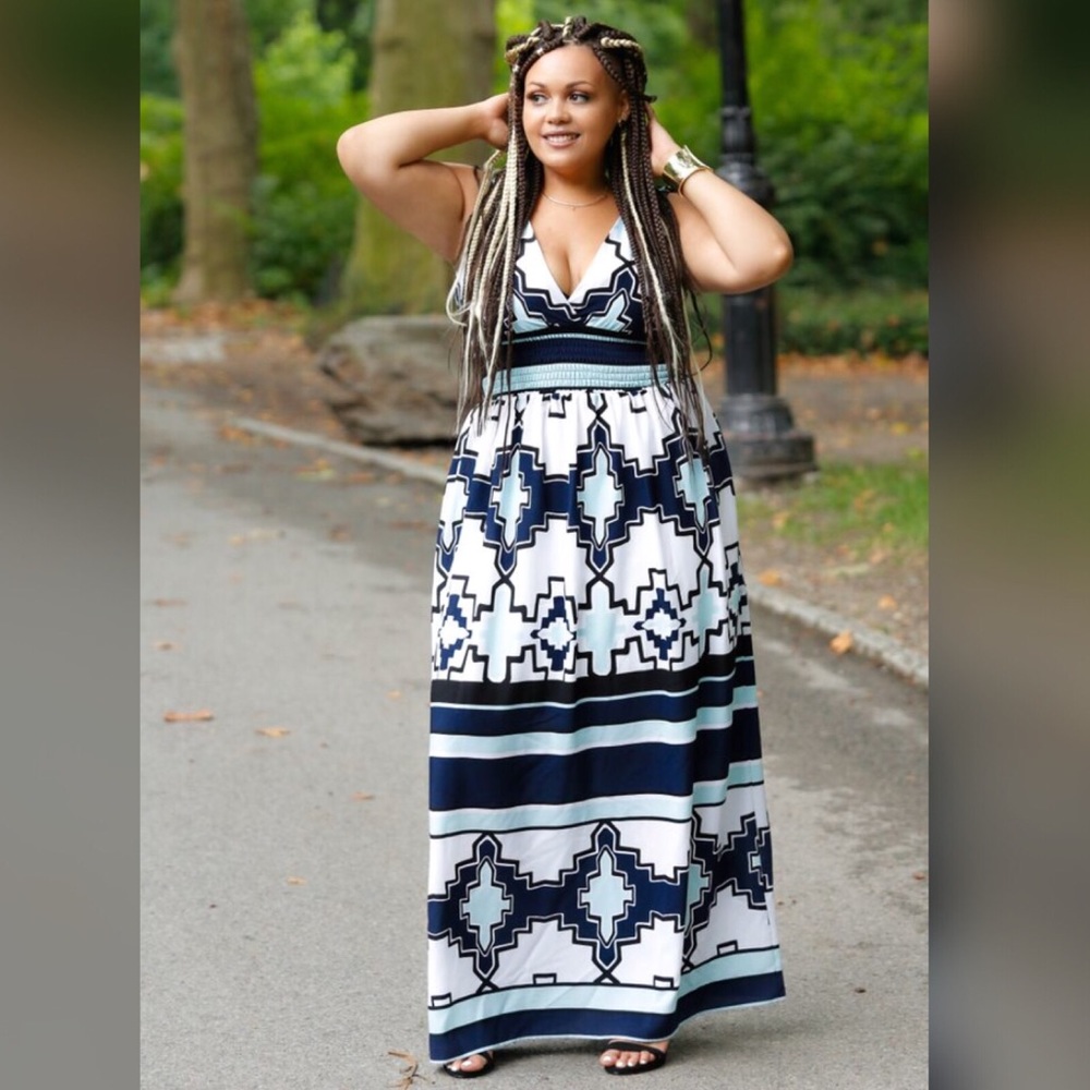 Blue & White Pattern Maxi Dress